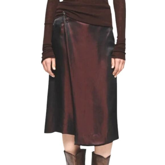 6397 Midi Wrap Skirt in Garnet Iridescent Color Shift Kilt Pin Detail 10 NEW - Picture 1 of 12